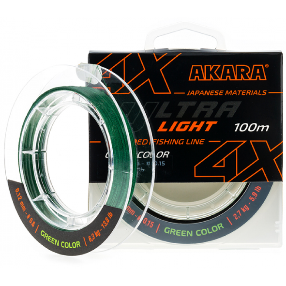 Шнур плетеный AKARA Ultra Ligxt X-4, 100м, 0,1 мм, зеленый